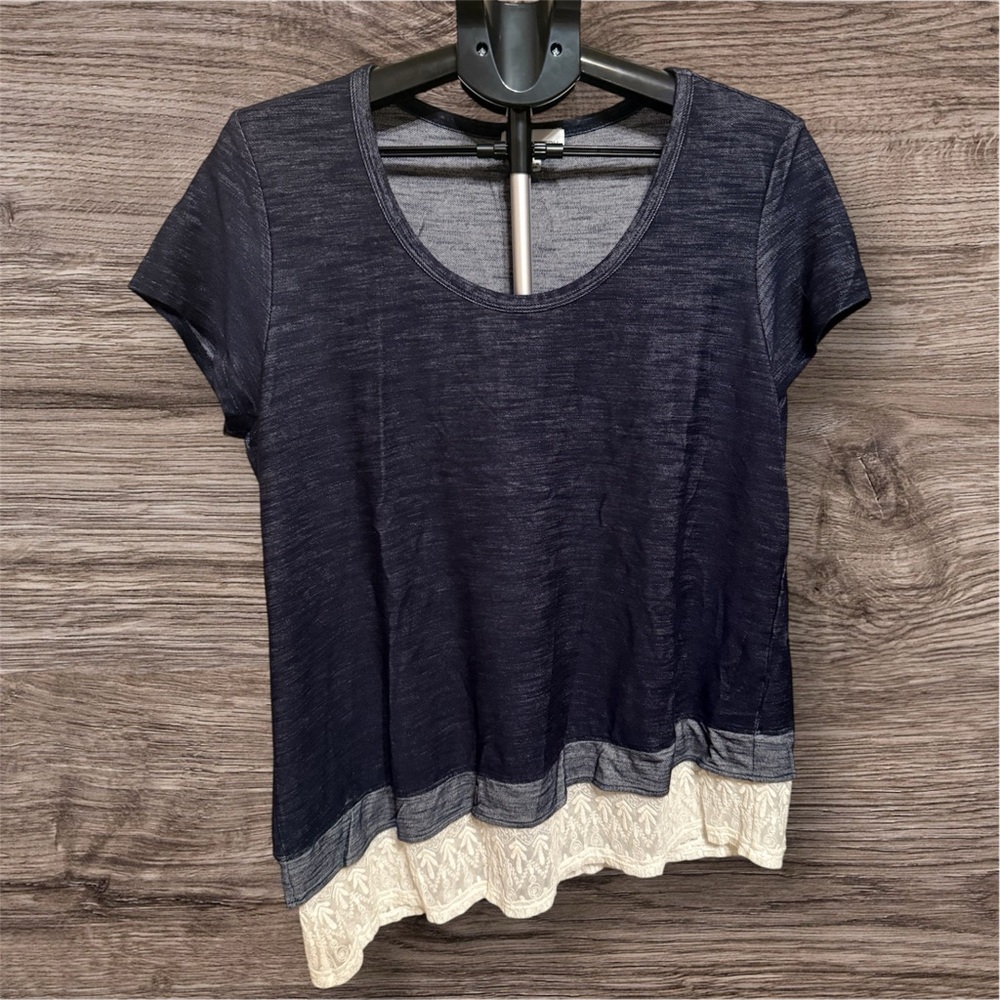 Symmetry Dark Blue Short Sleeve Top with Lace Hem